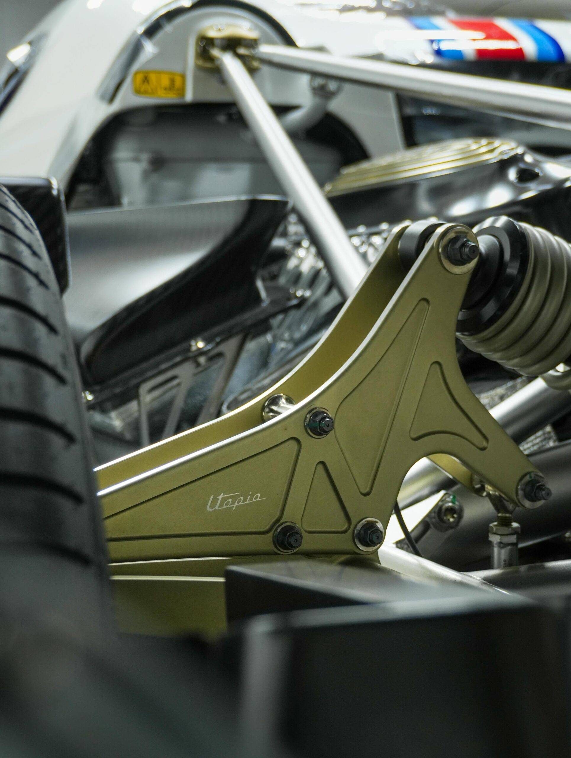 Close up view of the Pagani Utopia suspension and mechanical details